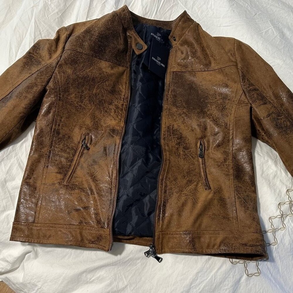 Emanuel Pris Boys Faux Camel color Leather Jacket size 46 (us 13)